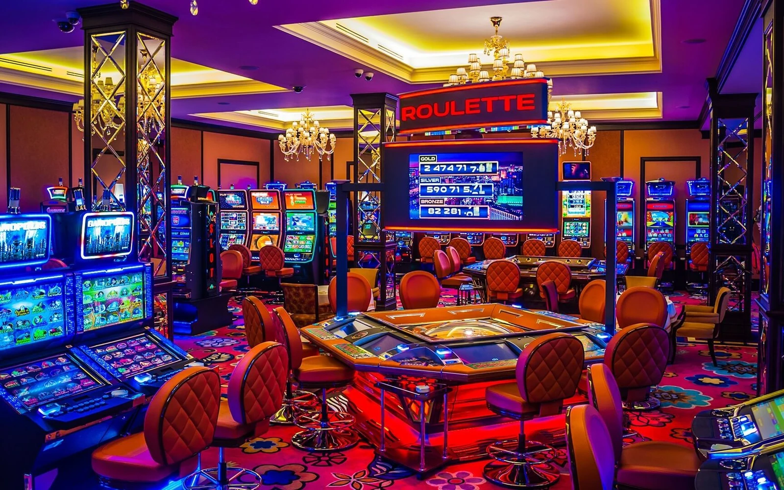 Ilustrasi meja kasino dengan kartu dan roda roulette